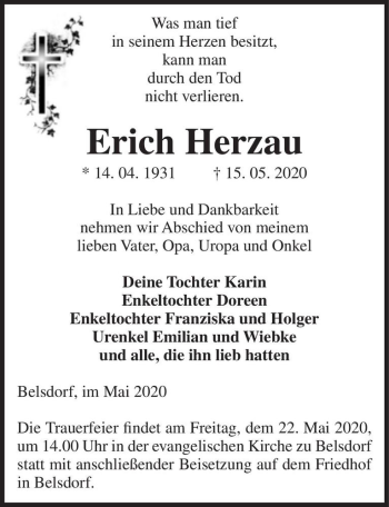 Traueranzeige von Erich Herzau  von Magdeburger Volksstimme