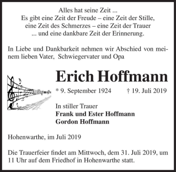 Traueranzeige von Erich Hoffmann  von Magdeburger Volksstimme