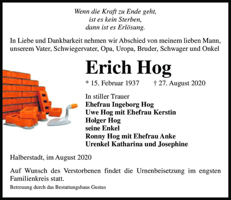  Traueranzeige für Erich Hog  vom 05.09.2020 aus Magdeburger Volksstimme