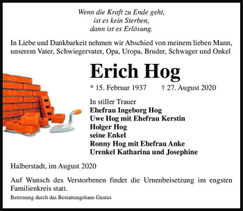 Traueranzeige von Erich Hog  von Magdeburger Volksstimme