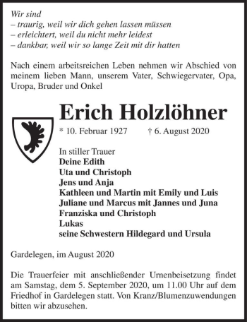 Traueranzeige von Erich Holzlöhner  von Magdeburger Volksstimme
