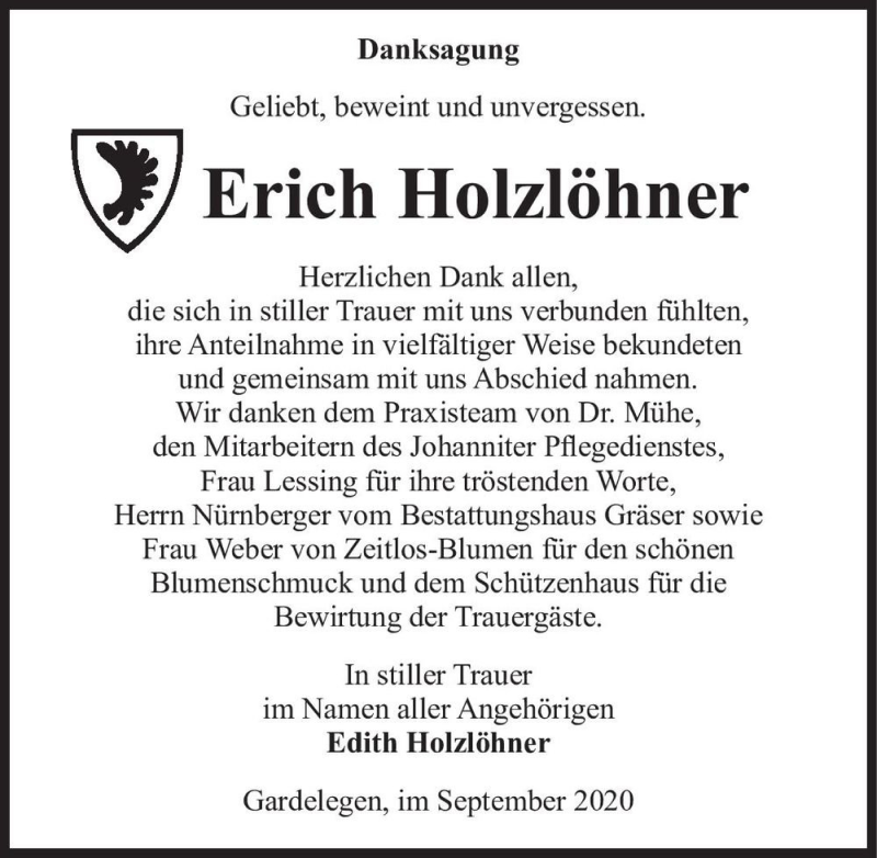  Traueranzeige für Erich Holzlöhner  vom 11.09.2020 aus Magdeburger Volksstimme