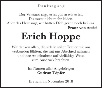 Traueranzeige von Erich Hoppe  von Magdeburger Volksstimme