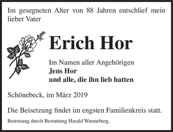 Traueranzeige von Erich Hor  von Magdeburger Volksstimme