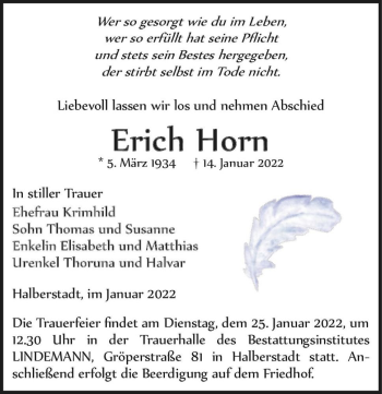 Traueranzeige von Erich Horn  von Magdeburger Volksstimme