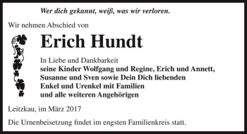 Traueranzeige von Erich Hundt  von Magdeburger Volksstimme