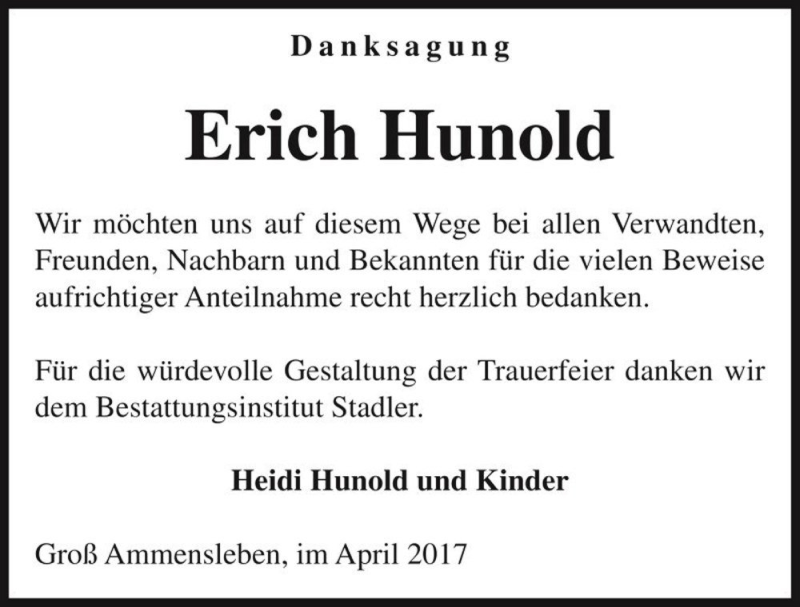  Traueranzeige für Erich Hunold  vom 15.04.2017 aus Magdeburger Volksstimme