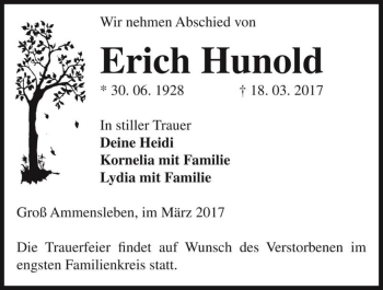 Traueranzeige von Erich Hunold  von Magdeburger Volksstimme