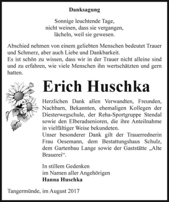 Traueranzeige von Erich Huschka  von Magdeburger Volksstimme