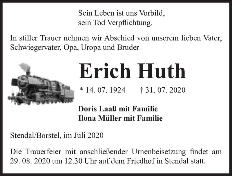  Traueranzeige für Erich Huth  vom 04.08.2020 aus Magdeburger Volksstimme