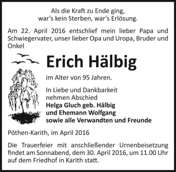 Traueranzeige von Erich Hälbig  von Magdeburger Volksstimme