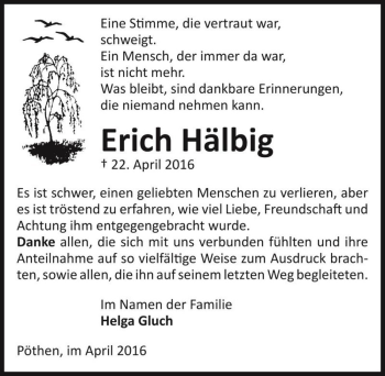 Traueranzeige von Erich Hälbig  von Magdeburger Volksstimme