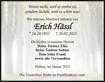 Traueranzeige von Erich Hässl  von Magdeburger Volksstimme