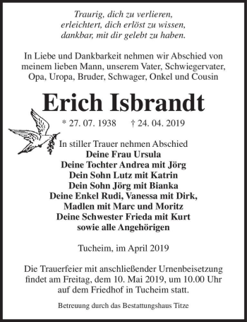 Traueranzeige von Erich Isbrandt  von Magdeburger Volksstimme