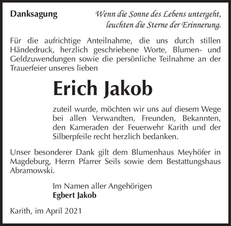  Traueranzeige für Erich Jakob  vom 24.04.2021 aus Magdeburger Volksstimme