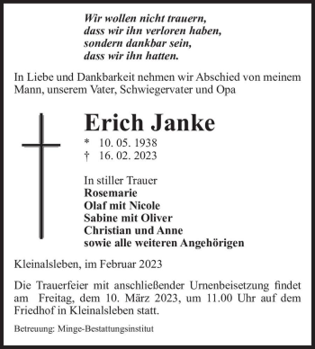 Traueranzeige von Erich Janke  von Magdeburger Volksstimme