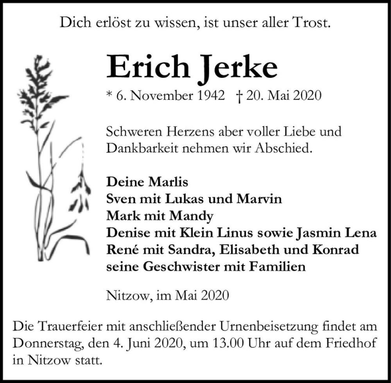  Traueranzeige für Erich Jerke  vom 27.05.2020 aus Magdeburger Volksstimme