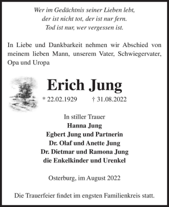 Traueranzeige von Erich Jung  von Magdeburger Volksstimme
