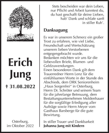 Traueranzeige von Erich Jung  von Magdeburger Volksstimme