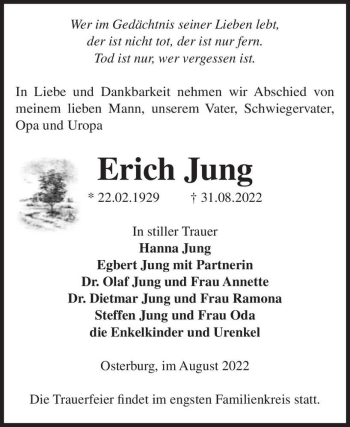 Traueranzeige von Erich Jung  von Magdeburger Volksstimme