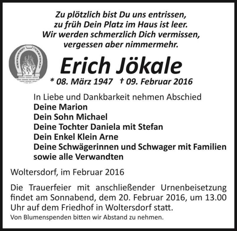  Traueranzeige für Erich Jökale  vom 13.02.2016 aus Magdeburger Volksstimme