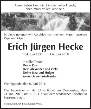 Traueranzeige von Erich Jürgen Hecke  von Magdeburger Volksstimme