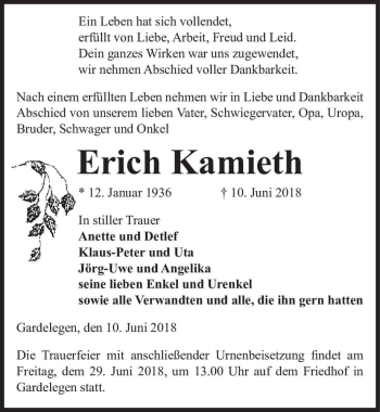 Traueranzeige von Erich Kamieth  von Magdeburger Volksstimme