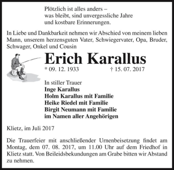 Traueranzeige von Erich Karallus  von Magdeburger Volksstimme