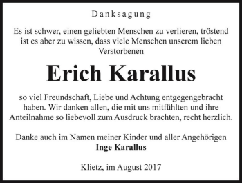Traueranzeige von Erich Karallus  von Magdeburger Volksstimme