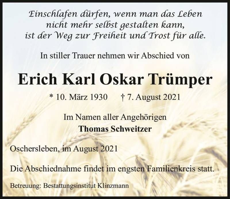  Traueranzeige für Erich Karl Oskar Trümper  vom 11.08.2021 aus Magdeburger Volksstimme
