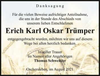 Traueranzeige von Erich Karl Oskar Trümper  von Magdeburger Volksstimme