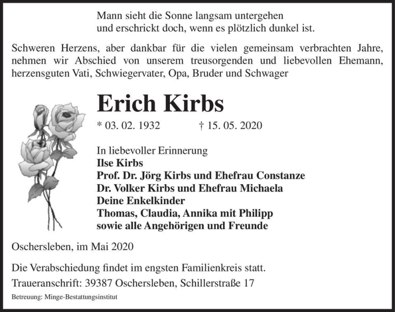  Traueranzeige für Erich Kirbs  vom 22.05.2020 aus Magdeburger Volksstimme