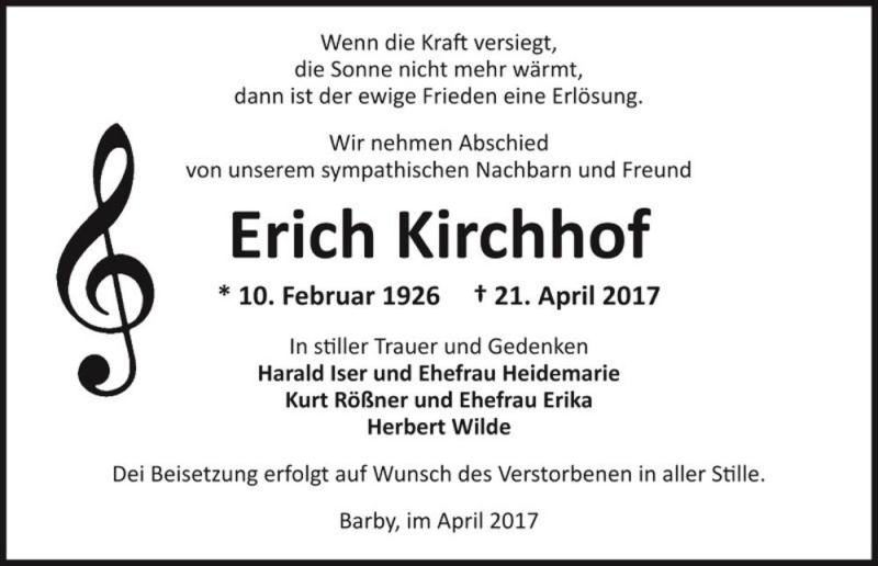 Traueranzeige für Erich Kirchhof  vom 25.04.2017 aus Magdeburger Volksstimme