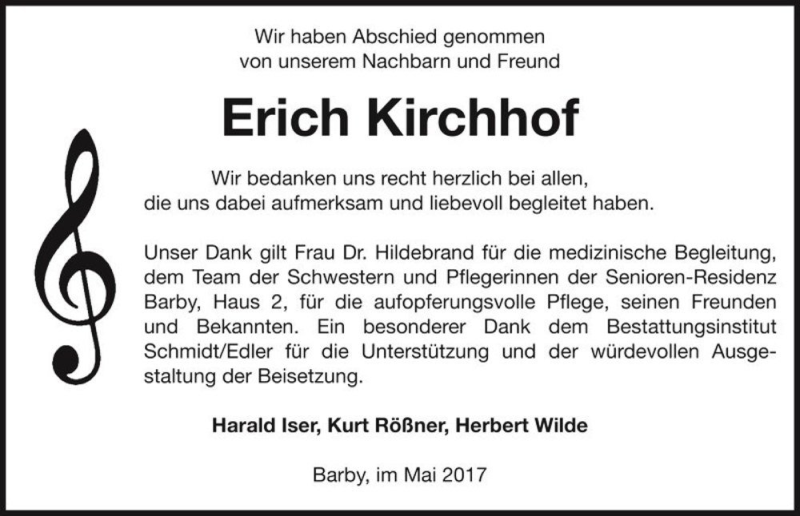  Traueranzeige für Erich Kirchhof  vom 08.05.2017 aus Magdeburger Volksstimme