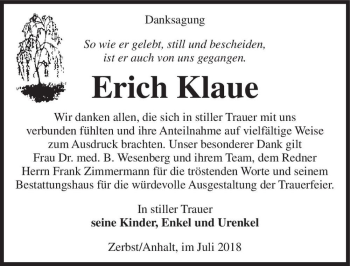 Traueranzeige von Erich Klaue  von Magdeburger Volksstimme