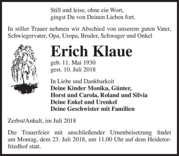 Traueranzeige von Erich Klaue  von Magdeburger Volksstimme