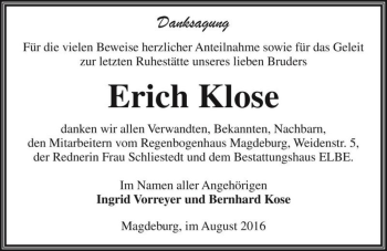 Traueranzeige von Erich Klose  von Magdeburger Volksstimme