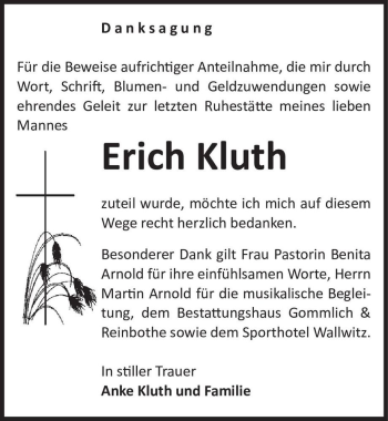 Traueranzeige von Erich Kluth  von Magdeburger Volksstimme