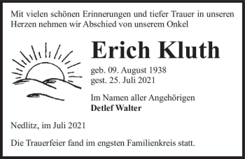Traueranzeige von Erich Kluth  von Magdeburger Volksstimme