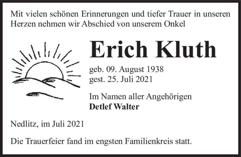  Traueranzeige für Erich Kluth  vom 31.07.2021 aus Magdeburger Volksstimme