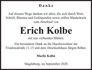 Traueranzeige von Erich Kolbe  von Magdeburger Volksstimme