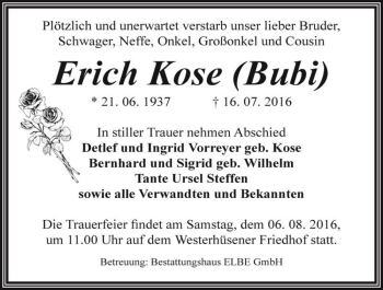 Traueranzeige von Erich Kose (Bubi)  von Magdeburger Volksstimme