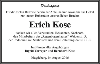 Traueranzeige von Erich Kose  von Magdeburger Volksstimme