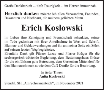 Traueranzeige von Erich Koslowski  von Magdeburger Volksstimme