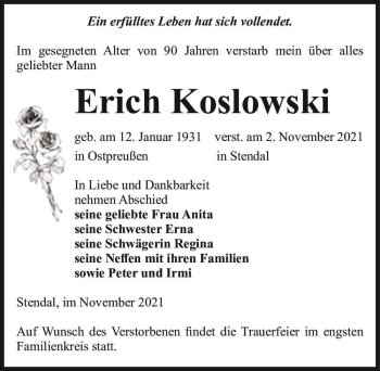 Traueranzeige von Erich Koslowski  von Magdeburger Volksstimme