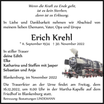 Traueranzeige von Erich Krehl  von Magdeburger Volksstimme