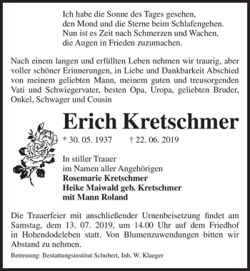 Traueranzeige von Erich Kretschmer  von Magdeburger Volksstimme