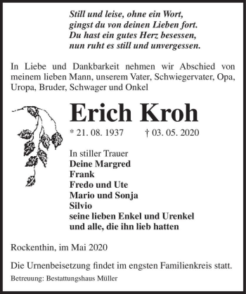 Traueranzeige von Erich Kroh  von Magdeburger Volksstimme