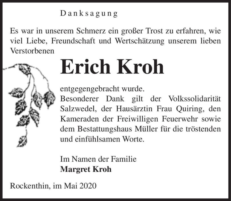  Traueranzeige für Erich Kroh  vom 06.06.2020 aus Magdeburger Volksstimme