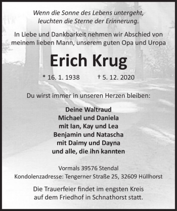 Traueranzeige von Erich Krug  von Magdeburger Volksstimme